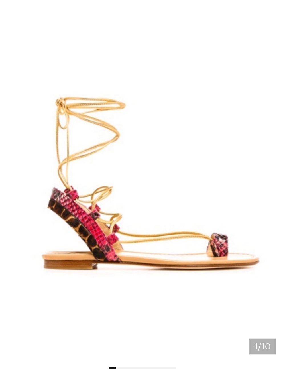 Stuart Weitzman Lasso Sandal‎ Pink Snakeskin Leopard Gold Lace Up Flat 8.5